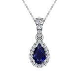 Pear Cut Sapphire Halo Diamond Necklace 14K Gold (G,SI) - White Gold