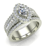 Statement Band Marquise Cut Halo Diamond Engagement Ring Baguettes 1.43 Carat Total 18K Gold (G,SI) - White Gold
