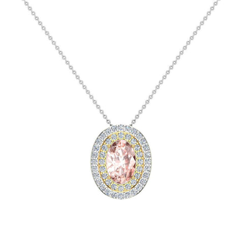 Oval Cut Pink Morganite Double Halo 2 tone necklace 14K Gold (G,I1) - Yellow Gold
