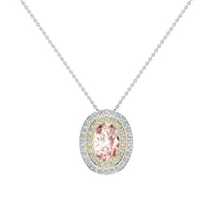 Oval Cut Pink Morganite Double Halo 2 tone necklace 14K Yellow Gold