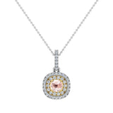 Round Cut Morganite Cushion Double Halo 2 tone necklace 14K Gold-G,I1 - Yellow Gold