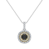 Round Cut Black Diamond Double Halo 2 tone necklace 14K Gold-I,I1 - Yellow Gold