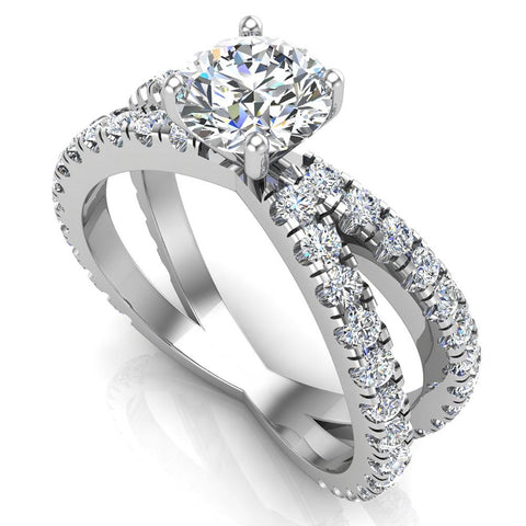 X Cross Split Shank Round Diamond Engagement Ring 1.75 ct 14K Gold - White Gold