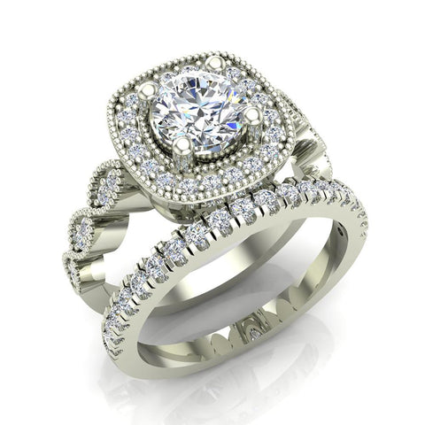 Crescent Wave Shank Round Diamond Cushion Halo Wedding Ring w Band 1.46 ctw 14K Gold (I,I1) - White Gold
