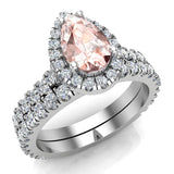 Pear Cut Pink Morganite Halo Wedding Ring Set 14K Gold-G,SI - White Gold