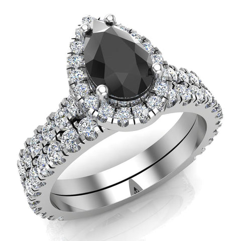 Pear Cut Black Diamond Halo Wedding Ring Set 14K Gold (I,I1) - White Gold