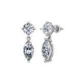 Round & Marquise Drop 2 stone Diamond Dangle Earrings 14K Gold-I,I1 - White Gold