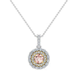 Round Cut Pink Morganite Double Halo 2 tone necklace 14K Gold-G,SI - Yellow Gold