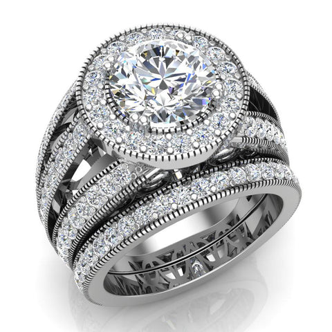 Moissanite Halo Wedding Ring Set 14K Gold 8mm 3.95 carat-I,I1 - White Gold