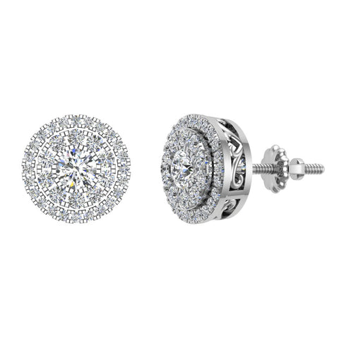 Double Halo Cluster Diamond Earrings 1.01 ct 14k Gold-G,SI - White Gold