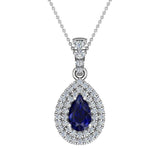 Pear Cut Sapphire Double Halo Diamond Necklace 14K Gold (G,SI) - White Gold