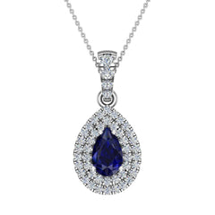 Pear Cut Sapphire Double Halo Diamond Necklace 14K White Gold