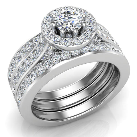 Glitz Design Halo Wedding Ring Set for Women Round Brilliant Diamond Ring 8-Prong Enhancer Bands 18K Gold 1.40 Carat Yellow Gold / 8.5