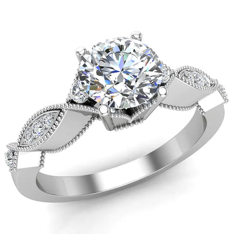 Infinity Style Milgrain Vintage Look Diamond Engagement Ring 5.70 mm Round Brilliant Cut 14K Gold (I,I1) - White Gold