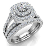 14k Gold Cushion Shape Wedding Rings Set Double Halo Style 1.10 ctw-H,SI - White Gold