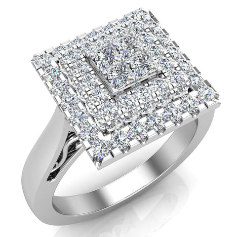 Square Halo with Princess Cut & Filigree Cluster Ring 18K Gold (G,VS) - White Gold
