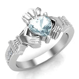 Genuine Heart Blue Topaz Claddagh Diamond Ring 0.62 Ct 14K Gold - White Gold
