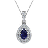 Pear Cut Sapphire Double Halo Diamond Necklace 14K Gold (G,I1) - White Gold