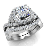 Cushion Halo Diamond Engagement Ring Set Infinity style 14K Gold-I,I1 - White Gold