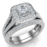 Diamond Wedding Set Round Cushion Halo Ring Split Shank 1.25 ct-H,SI - White Gold