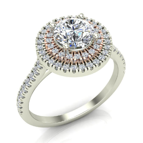 Double Halo Engagement Rings Round Diamond Ring 2-tone 18K Gold 1.15 carat-G,SI - White Gold