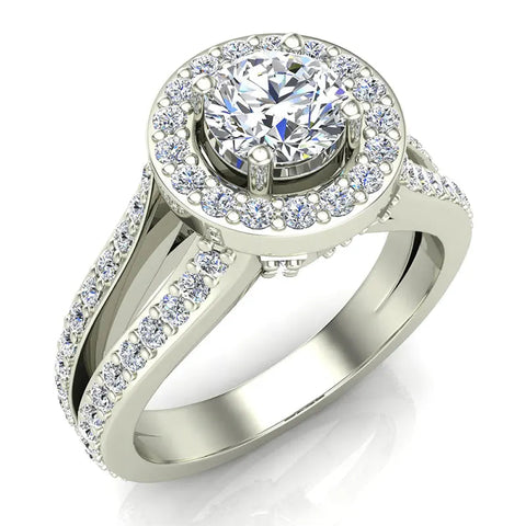 Exquisite Round Diamond Halo Split Shank Engagement Ring 1.35 ctw 14K Gold (I,I1)
