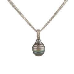 Sterling 9mm Ringed Tahitian Cultured Pearl& Diamond Accent Pendant w/Chain