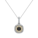 Round Cut Black Diamond Cushion Double Halo 2 tone necklace 14K Gold-G,I1 - Yellow Gold