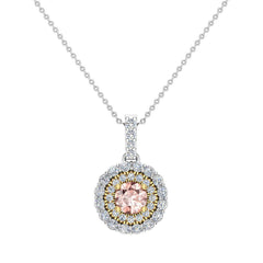 Round Cut Pink Morganite Double Halo 2 tone necklace 14K Yellow Gold