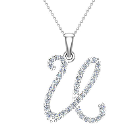Initial Pendant U Letter Charms Diamond Necklace 14K Gold-G,I1 - White Gold