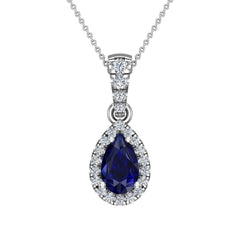 Pear Cut Sapphire Halo Diamond Necklace 14K White Gold