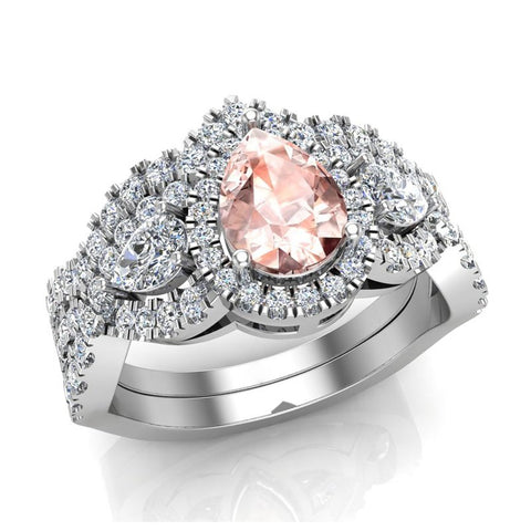 Infinity Style Pear Morganite Halo Diamond Wedding Ring Set 14K Gold-I,I1 - White Gold