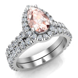 Pear Cut Pink Morganite Halo Wedding Ring Set 18K Gold-G,VS - White Gold