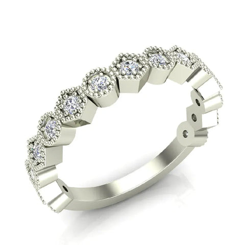 Stacking Circle & Hexagons Milgrain Diamond Wedding Band 0.34 ctw 18K Solid Gold (G,SI) - White Gold