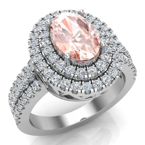Oval Cut Morganite Double Halo Engagement Ring 14k Gold 2.65 ct-G,SI - White Gold