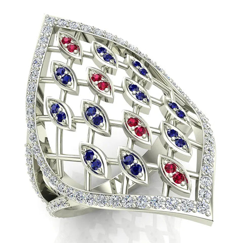 Stunning Ruby and Sapphire Marquise shaped Diamond Cocktail Ring 14K Gold-G,I1 - White Gold