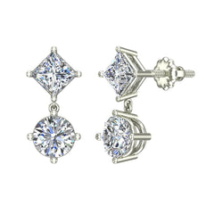 Princess & Round Drop Two stone Diamond Dangle Earrings White Gold