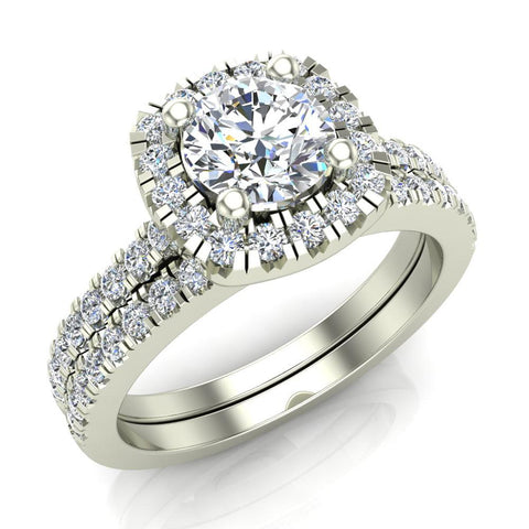 Ravishing Round Cushion Halo Diamond Wedding Ring Set 1.40 ctw 18K Gold (G,SI) - White Gold