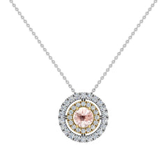 Round Cut Pink Morganite Double Halo 2 tone necklace 14K Yellow Gold