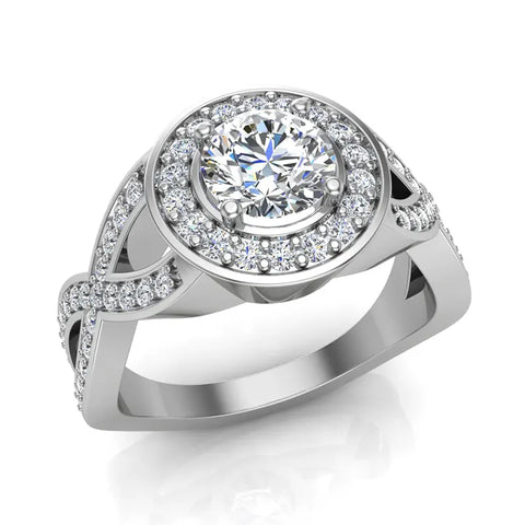 GIA Round brilliant halo diamond engagement rings criss-cross 14K 1.25 ctw I-I1 - White Gold