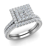 Princess Cut Double Halo Diamond Wedding Ring Bridal Set 14K Gold (I,I1) - White Gold