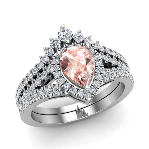 1.75 Ct Pear Cut Pink Morganite Halo Diamond Wedding Ring Set 14K Gold-I,I1 - White Gold