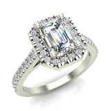 Emerald-Cut Solitaire Diamond Cornered Halo Wedding Ring 14K Gold-I,I1 - White Gold