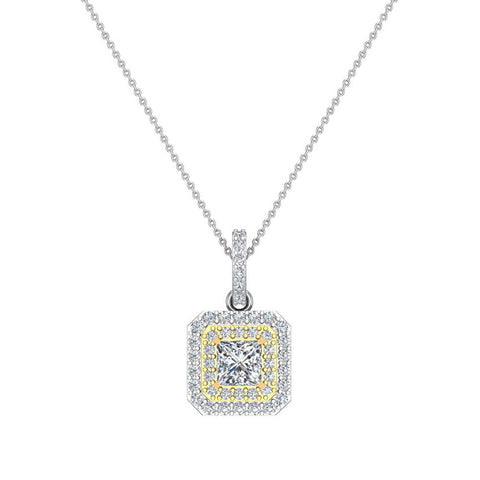 Princess Diamond Cornered Double Halo 2 tone Necklace 14K Gold-G,I1