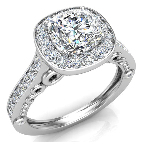 Round Brilliant Cushion Halo Diamond Engagement Ring 14K 1.15 ct-G,SI - White Gold