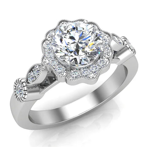 GIA Round halo diamond engagement rings floral milgrain 14K 1.25 ctw G I1 - White Gold