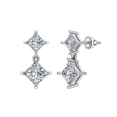 Princess Cut Drop Two stone Diamond Dangle Earrings White Gold