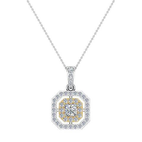Princess Diamond Cornered Double Halo 2 tone Necklace 14K Gold-G,SI - Yellow Gold