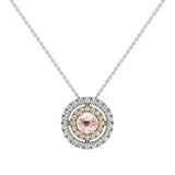Round Cut Pink Morganite Double Halo 2 tone necklace 14K Gold-G,I1 - Yellow Gold