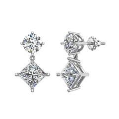 Round & Princess Drop Two stone Diamond Dangle Earrings White Gold